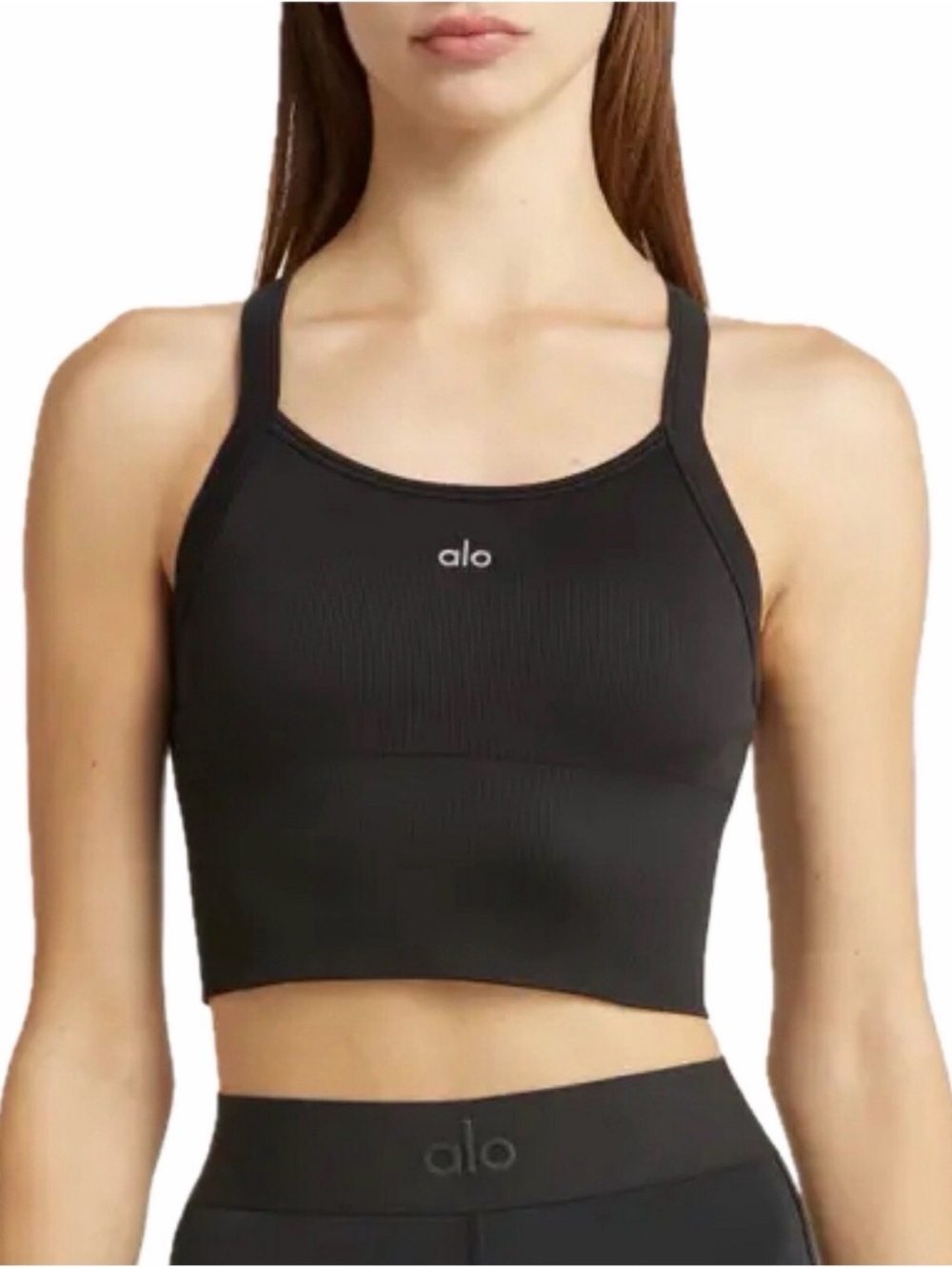Alo Yoga Seamless Ribbed Favorite Bra Tank Top Racerback Black Logo Size Small
